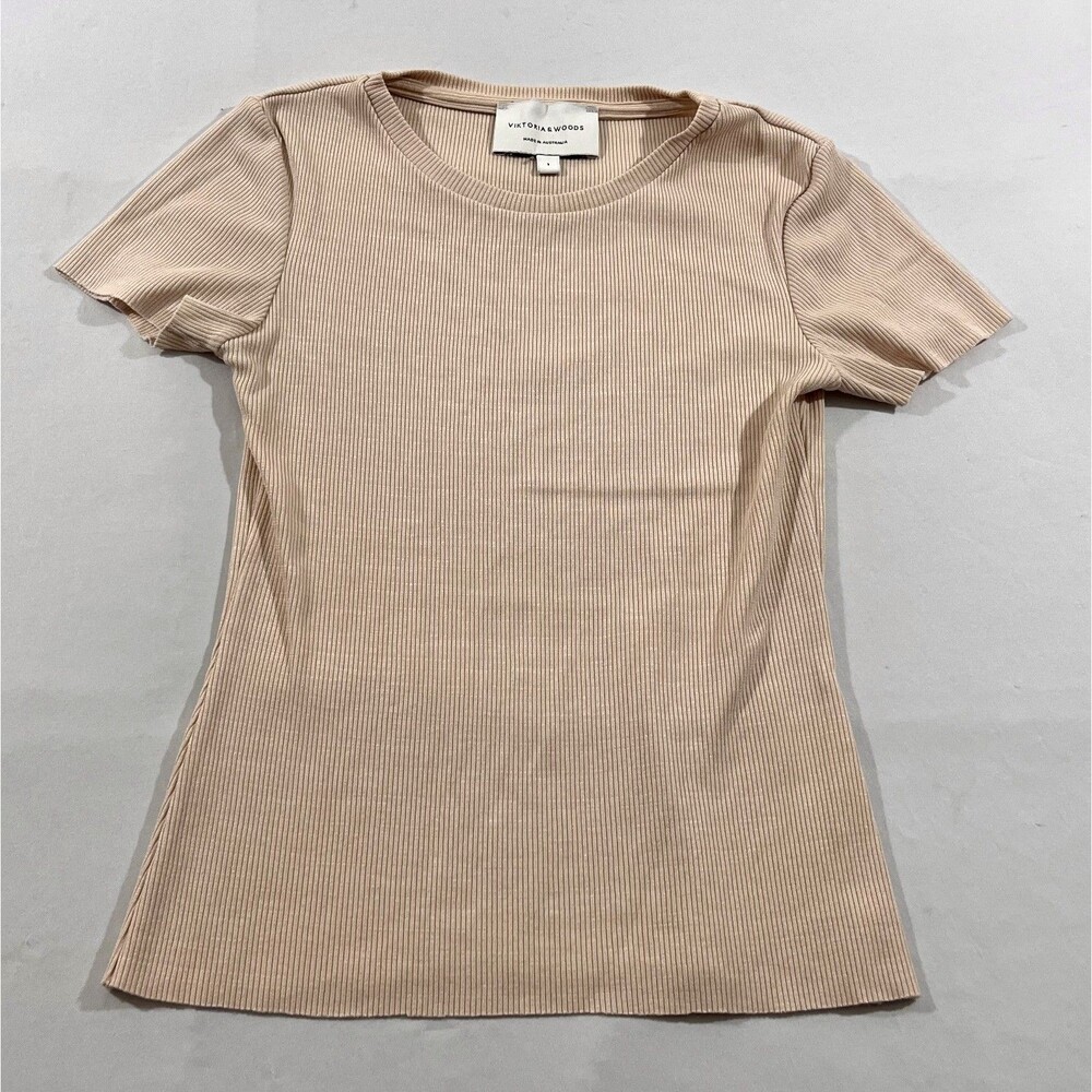 Viktoria & Woods Womens Blush Ribbed Crop Minimalist Short Sleeve T-Shirt Sz S